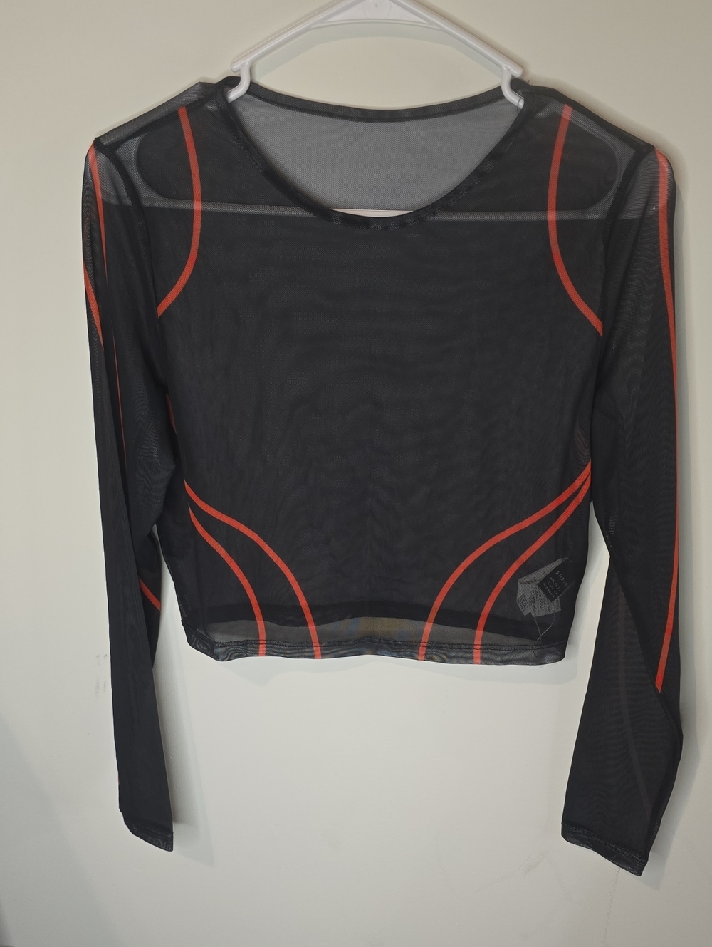 SHEIN Black Sheer Long-Sleeve Crop Top with Red Piping